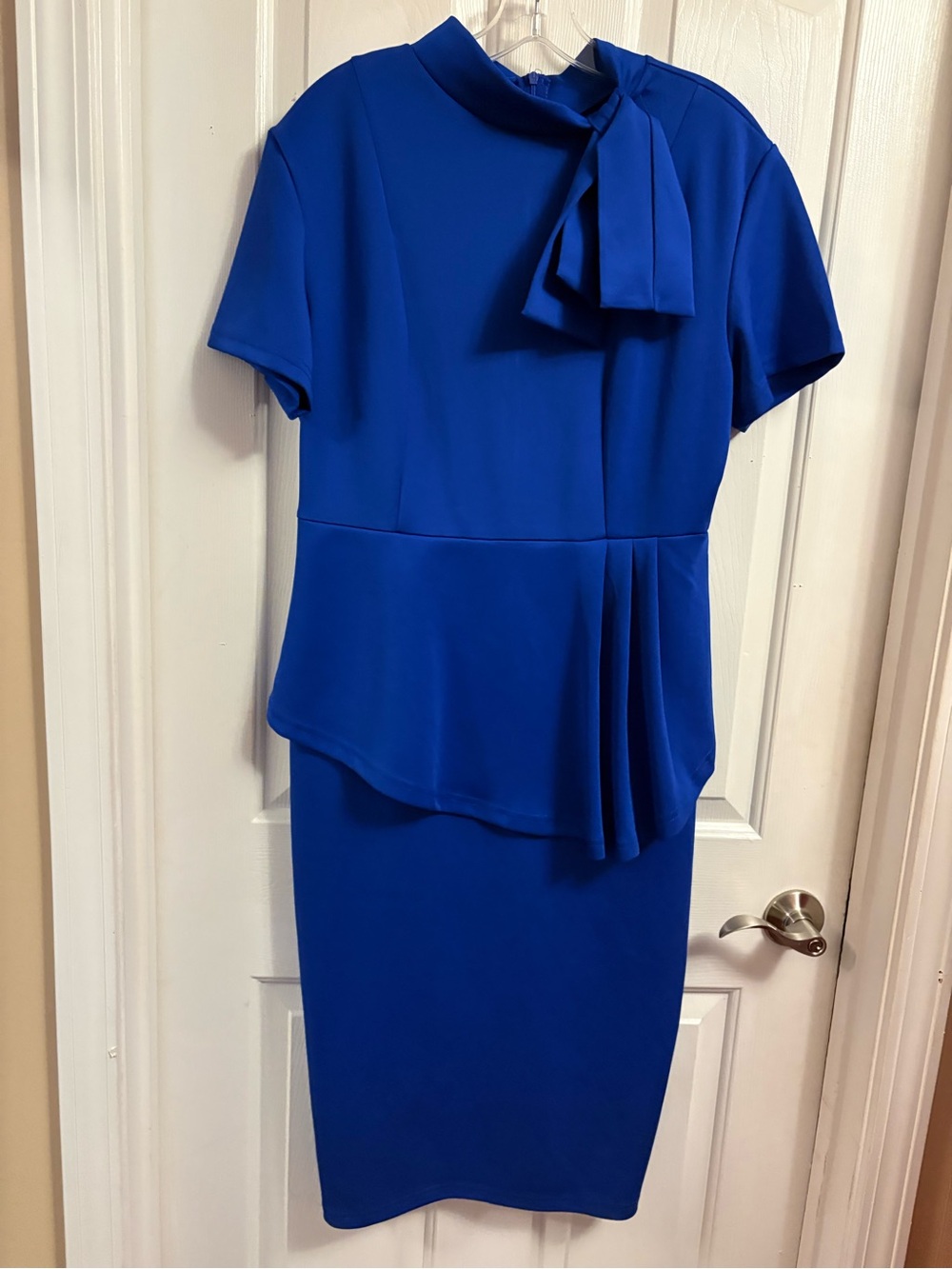 Chic Cobalt Midi Dress with Neck Tie and Asymmetric Peplum